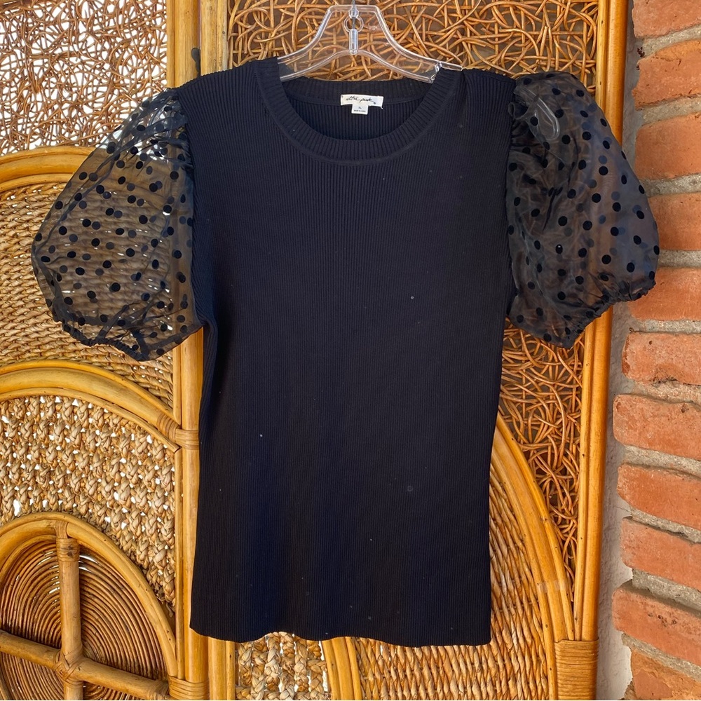 Ultra Pink Elegant Black Puff Sheer Sleeves Polka Dot Top New